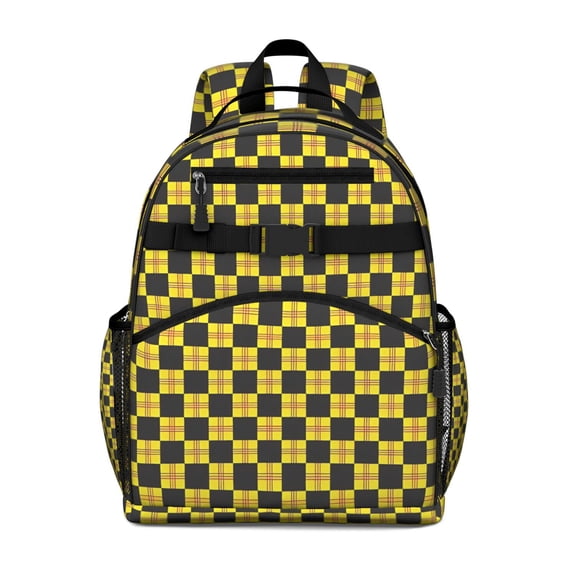 Yellow and Black Checkerboard Checkered Pattern Backpack for School,Cute School Bag,Schoolbag with Adjustable Shoulder Straps & Padded Back,15.25"x11.5"x5.25"