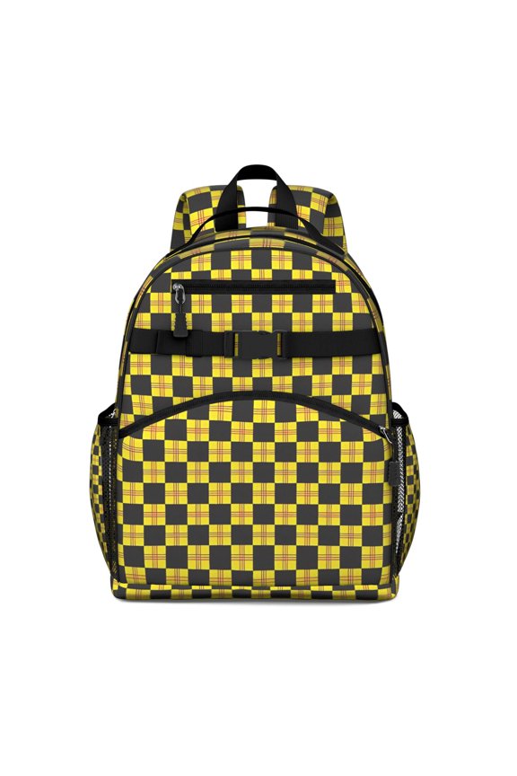 Yellow and Black Checkerboard Checkered Pattern Backpack for School,Cute School Bag,Schoolbag with Adjustable Shoulder Straps & Padded Back,15.25"x11.5"x5.25"