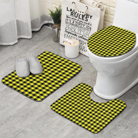 Yellow Black Checkerboard Checkered Pattern Bathroom Rugs Sets 3 Piece,Toilet Cover Set,Absorbent Non Slip Bathroom Mats Sets with U-Shaped Contour Rug Toilet Rug Set