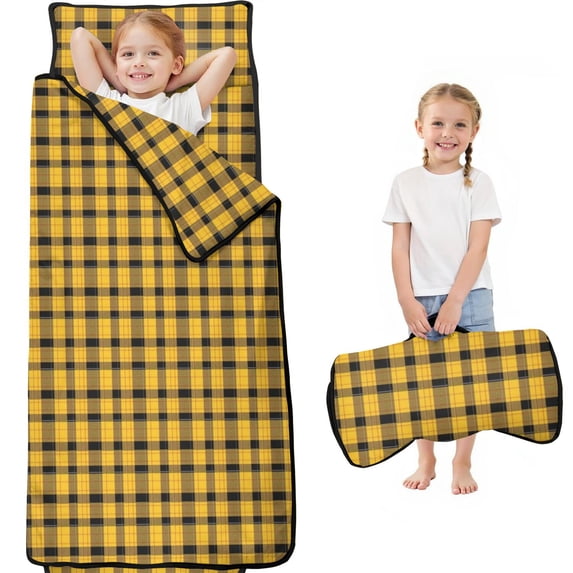 Yellow Black Checkerboard Yellow Pattern Toddler Nap Mat for Kid Preschool Daycare, Kid Sleeping Mat Bag, Toddler Sleeping Bag with Pillow