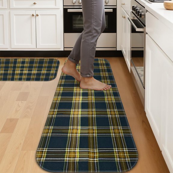 Yellow and Black Checkered Pattern 2 Piece Flannel Kitchen Floor Mat Set, Kitchen Runner Rug Set Wear Resistant Gift Ideas for Kitchen Entryway Bathroom