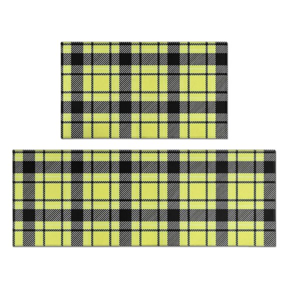Yellow and Black Checkered Pattern Anti Fatigue Kitchen Rugs Set Of 2, Non Slip Washable Decorative Floor Mats for Kitchen Sink Laundry, 17"x30" and 17"x47"