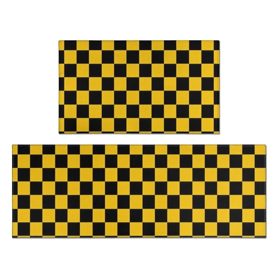 Yellow and Black Checkered Pattern Anti Fatigue Kitchen Rugs Set Of 2, Non Slip Washable Decorative Floor Mats for Kitchen Sink Laundry, 17"x30" and 17"x47"