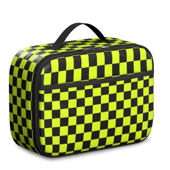 Yellow and Black Checkered Pattern Insulated Lunch Bag Teens,Bento School Lunch Bag for Teens for Work,Picnic or Travel 10.6x7.7x4.3 Inches,12 Can Capacity