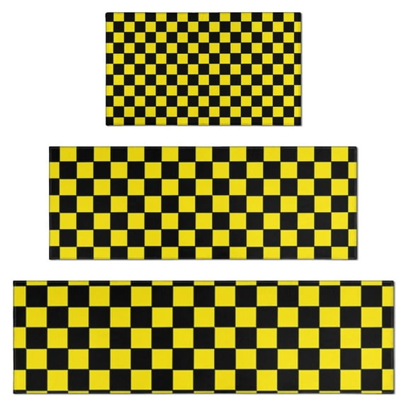 Yellow and Black Checkered Pattern Kitchen Rugs Sets Of 3,Kitchen Runner Rugs Non Skid Washable,Decorative Kitchen Floor Mats for Kitchen,Sink,Laundry,17"x30"+ 17"x47" + 17"x59"
