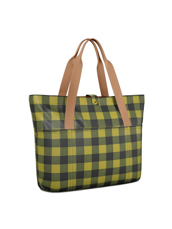 Yellow and Black Checkered Pattern Large Tote Bag for Women, Polyester Roomy Work Tote with Pockets and Zipper, Lightweight Gifts Ideas for Work School Gym