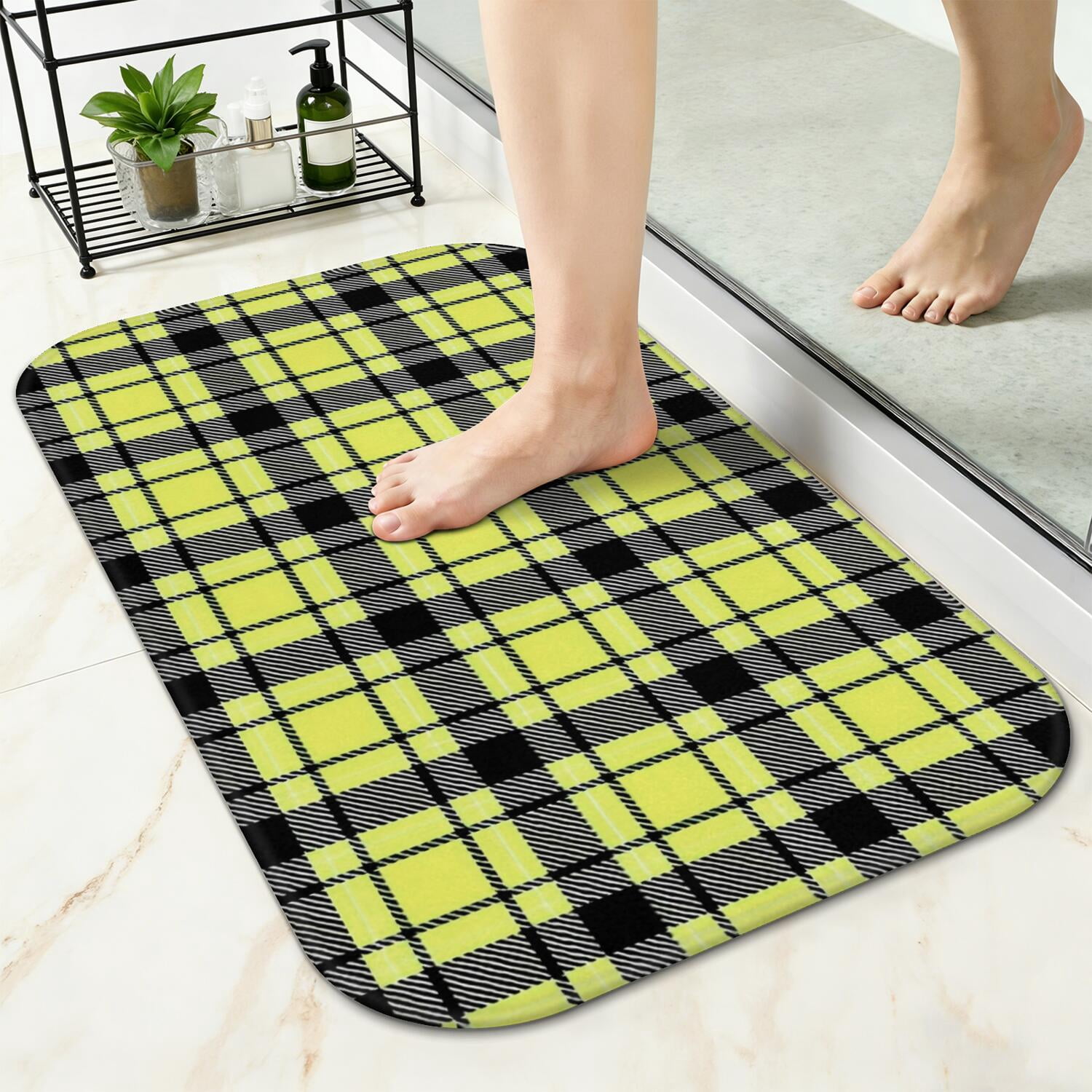 Yellow and Black Checkered Pattern Non-Slip Bath Mat, Bedroom Area Mat ...
