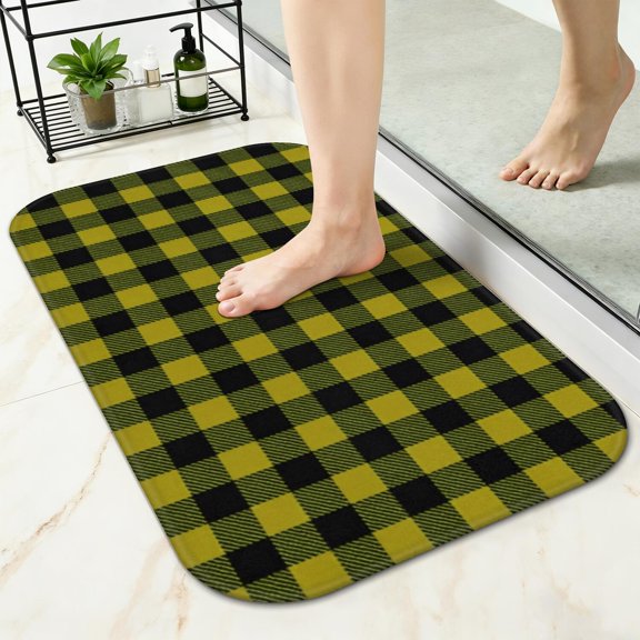 Yellow and Black Checkered Pattern Non-Slip Bath Mat, Shower Room Rug with Rubber Backing & Soft Surface, Machine Washable Gifts for Bathroom Kitchen Entryway,17"x30"