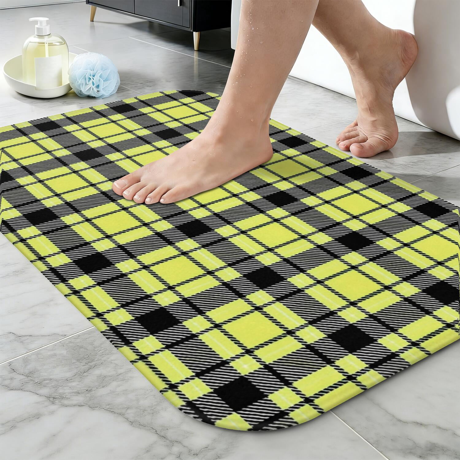Yellow and Black Checkered Pattern Non-Slip Bath Mat, Shower Room Rug ...