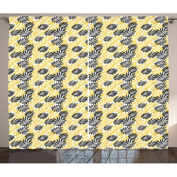 Ambesonne Yellow and Black Curtains 2 Panel Set, Foliage Pattern, 108" x 90", Yellow and Black