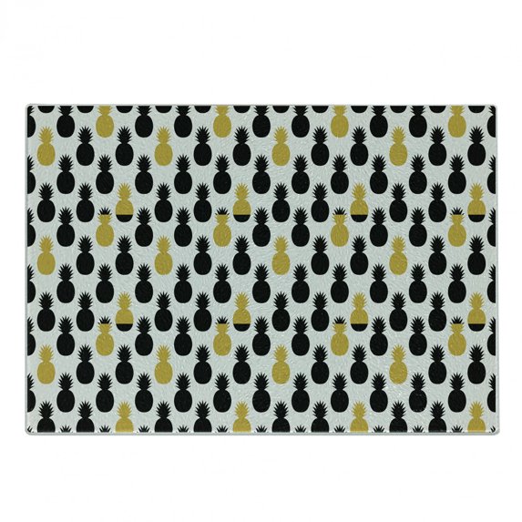 Yellow and Black Cutting Board, Exotic Getaway Themed Illustration Fresh Summer Season Food, Decorative Tempered Glass Cutting and Serving Board, Small Size, Earth Yellow and Black, by Ambesonne