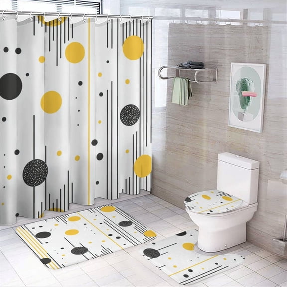 Yellow And Black Dots Stripes Geometric 4 Piece Bathroom Shower Curtain Sets Bath Mat U-Shaped Floor Mat Toilet Lid Oval Rug Abstract Polka Dot Pattern Waterproof Fabric Bath Curtain