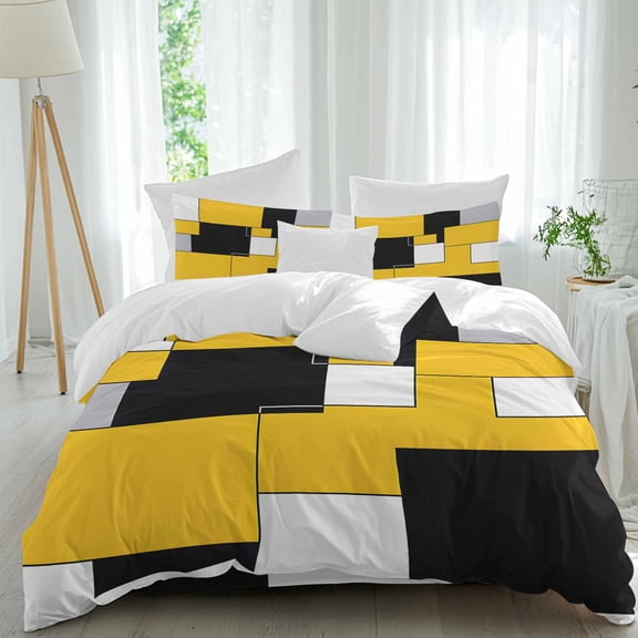 Yellow Black Duvet Cover Set King Size, Geometric Abstract Color Block Modern Art 4 Piece Soft Microfiber Bedding Set with 1 Duvet Cover, 1 Flat Sheet, 2 Pillowcases
