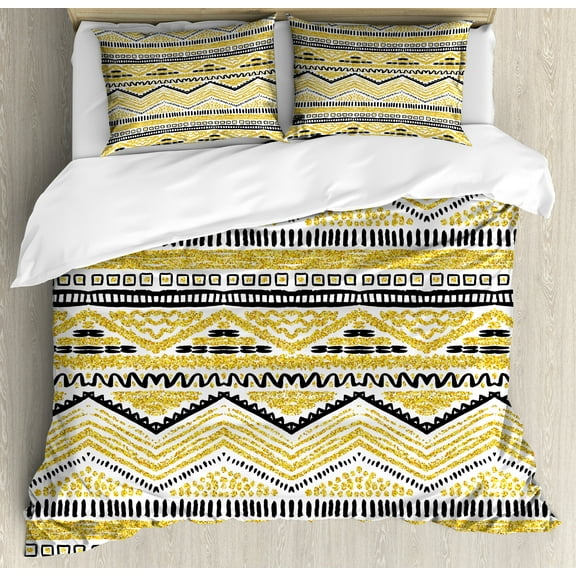 Yellow and Black Duvet Cover Set, Prehistoric Design with Zig Zag Lines Stripes Chevron, Decorative 3 Piece Bedding Set with 2 Pillow Shams, King Size, Yellow Black and White, by Ambesonne