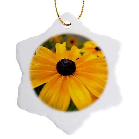 3drose, Yellow Black Eyed Susan Flower- Macro Photography, 3 inch Snowflake Porcelain Ornament