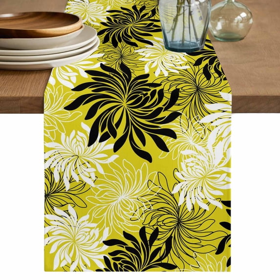 Yellow Black Flowers Table Runner 48 Inches, Modern Abstract Blooms Floral Bed Runner Dresser Scarves Tabletop for Indoor Outdoor Parties/Ceremony/Banquet, 13" x 48"
