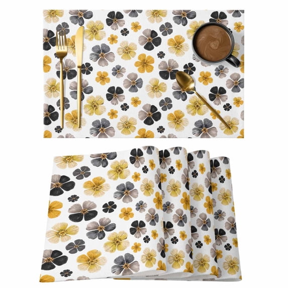 Yellow Black Flowers Texture Placemats Set of 2, Country Farmhouse Floral Non-Slip Place Mats Washable Table Mats for Kitchen Dining Table Decorations Indoor/Outdoor