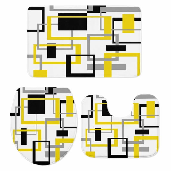 Yellow Black Geometric Bath Mat 3 Piece Bathroom Rug Set, Modern Simple Abstract Art Non Slip Bath Rug Contour Mat and Toilet Lid Cover, Absorbent Shower Mats Soft Bath Rugs and Mats Sets