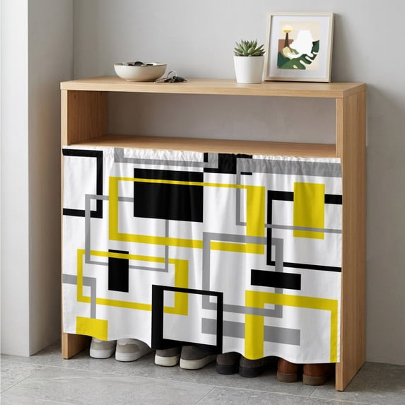 Yellow Black Geometric Cabinet Curtain 35"Wx35"L, Dustproof Under Sink Skirt with Self Adhesive Tape, Modern Simple Abstract Art Cabinet Curtain Cover for Kitchen Sink, Bathroom Vanity, Laundry Room