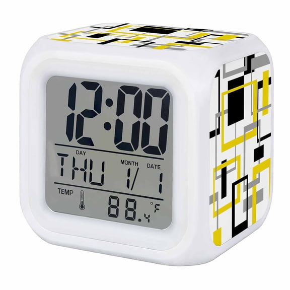 Yellow Black Geometric Digital Alarm Clock for Bedrooms, Smart LED Alarm Clock with 7 Color Changing Night Light, Modern Simple Abstract Art Silent Wake Up Clocks for Sleep Study Cooking 3.2"x3.2"