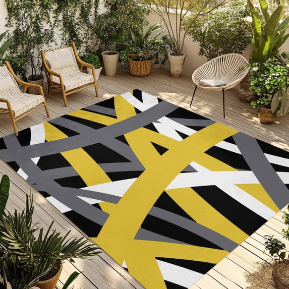 Yellow Black Geometric Outdoor Rug for Patio/Deck/Porch, Non-Slip Large Area Rug 4 x 6 Ft, Modern Art Abstract Grey Line Indoor Outdoor Rugs Washable Area Rugs, Reversible Camping Rug Carpet Runner