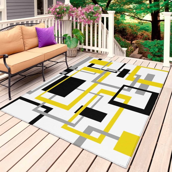 Yellow Black Geometric Outdoor Rug for Patio/Deck/Porch, Non-Slip Large Area Rug 5 x 8 Ft, Modern Simple Abstract Art Indoor Outdoor Rugs Washable Area Rugs, Reversible Camping Rug Carpet Runner