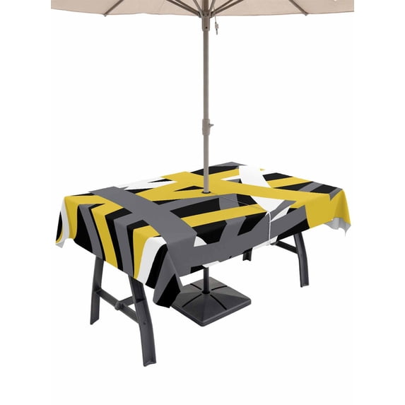 Yellow Black Geometric Outdoor Tablecloth - 54x80 Inch Rectangle Dining Table Cover, Modern Art Abstract Grey Line Waterproof Outdoor Table Cloth with Umbrella Hole & Zipper for Picnic/Patio/Party