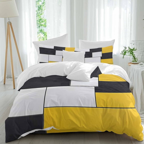Yellow Black Geometric Queen Duvet Cover Set, Abstract Patchwork 4 Piece Microfiber Bedding Set with Zipper Closure, Bed Sheet and 2 Pillow Shams, Soft Bedding Cover