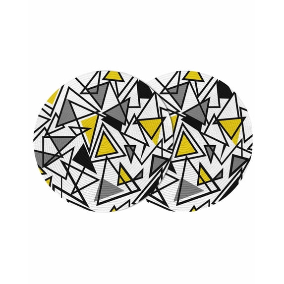 Yellow Black Geometric Round 13 Inch Placemats Set of 2, Abstract Art Modern Line HeatResistant Non Slip Place Mats for Dining Table, Wipeable Braided Kitchen Table Mats for Housewarming