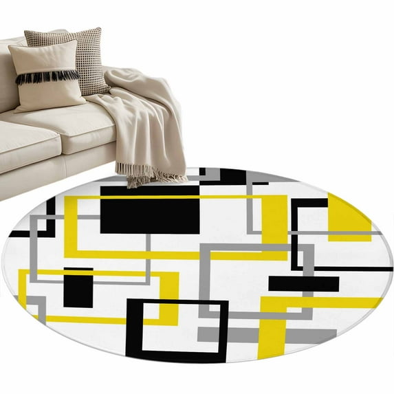 Yellow Black Geometric Round Area Rug 3 FT, Small Kitchen Bathroom Mat, Modern Simple Abstract Art Washable Indoor Outdoor Throw Runner Carpet Non-Shedding Doormat for Table Shower Sofa Entryway