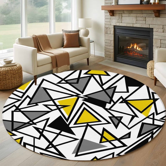 Yellow Black Geometric Round Area Rug 5Ft Washable Circle Rugs for Living Room Bedroom, Abstract Art Modern Line Non-Slip Carpet Floor Mats Indoor Outdoor Carpet Runner Aesthetic Home Decor