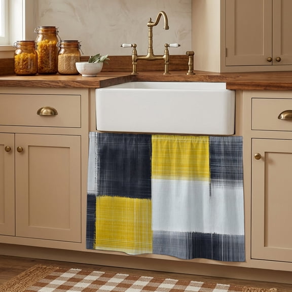 Yellow Black Geometric Small Cabinet Curtains 10.8"W x 13.4"L, Abstract Vintage Oil Painting Sink Skirt Dust-Proof Short Curtain for Bathroom Vanity Storage Cubby Desk, Self Adhesive Privacy Drapes
