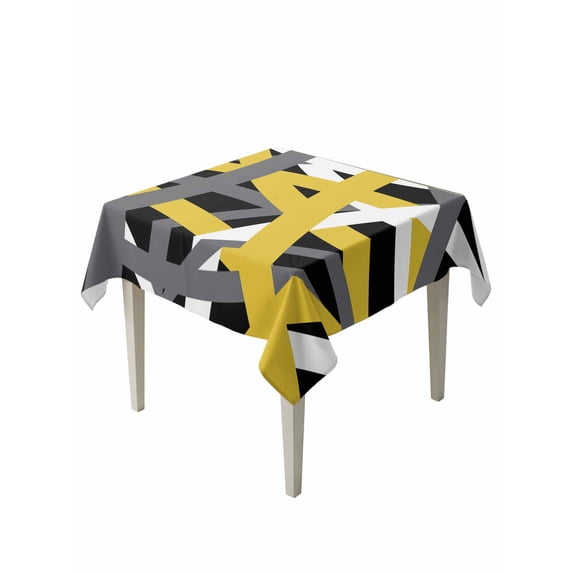 Yellow Black Geometric Suqare Tablecloth - 54 x 54 Inch, Modern Art Abstract Grey Line Waterproof & StainResistant Tablecloth, Washable Oil-proof Table Cover for Dining/Party/Wedding/Camping/Buffet