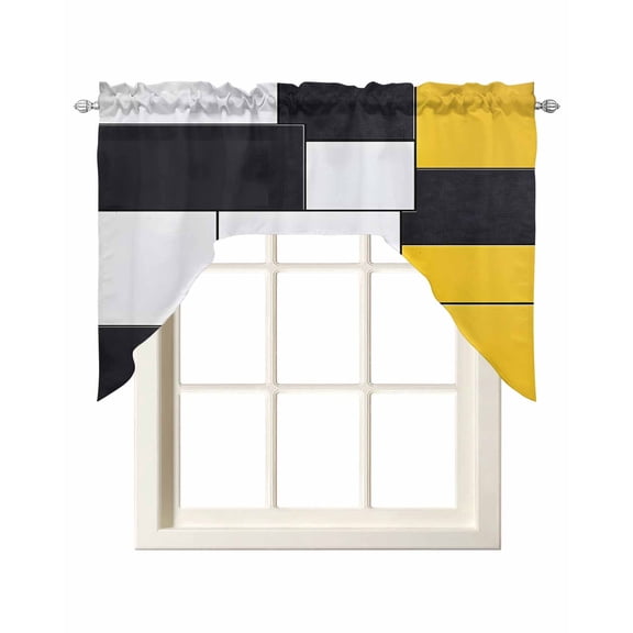 Yellow Black Geometric Swag Valance and Tier Curtains Set Abstract Patchwork Modern Art Kitchen Curtains 3 Piece Set Rod Pocket Panels for Bedroom Cafe 56x36 inch