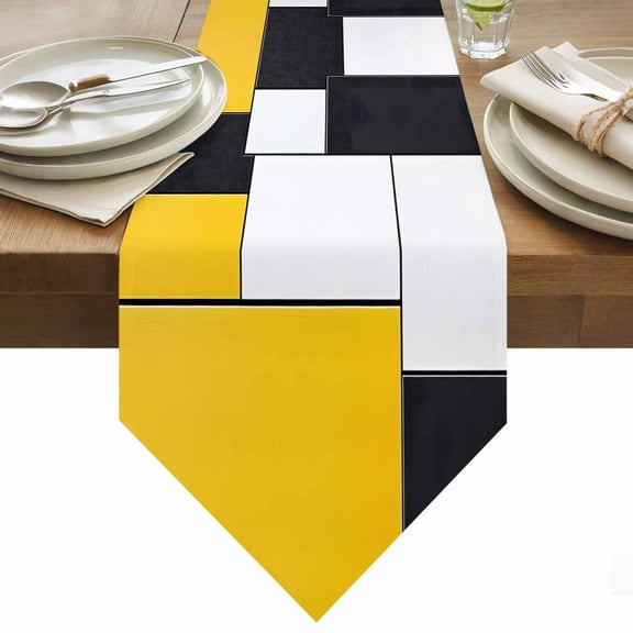 Yellow Black Geometric Table Runner 36 Inches Long Abstract Patchwork Modern Art Table Runners for Dining Room Tabletop Dresser Scarf Home Party Banquet Wedding Holiday Decoration