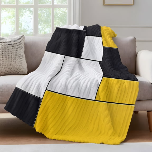 Yellow Black Geometric Throw Blanket for Couch Abstract Patchwork Modern Art Soft and Warm Flannel 3D Striped Fluffy Fuzzy Fleece Blanket Lightweight Throw for Bed, Sofa 40 x 50 Inches