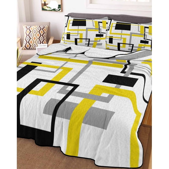 Yellow Black Geometric Twin Size Down Alternative Comforter, Lightweight Comforter Quilt Bedding Set with Pillow Shams Modern Simple Abstract Art All Seasons Bed Comforter Duvet Insert 68"x86"
