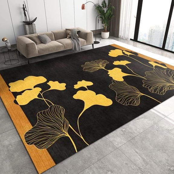 Yellow And Black Ginkgo Leaf Carpet, Simple Plant Area Rugs, Rugs For Bedroom Easy To Clean Fine Fluff Easy Care Apply To Family And Pet Bedroom Area 4x6ft