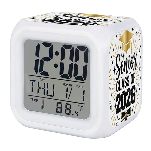 Yellow Black Graduation Digital Alarm Clock for Bedrooms, Smart LED Alarm Clock with 7 Color Changing Night Light, Funny Words Modern Art Silent Wake Up Clocks for Sleep Study Cooking 3.2"x3.2"