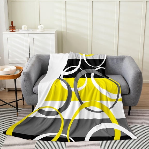 Yellow Black Gray Abstract Geometric Ring Pattern Throw Blanket Soft Plush Fleece for Home Decor