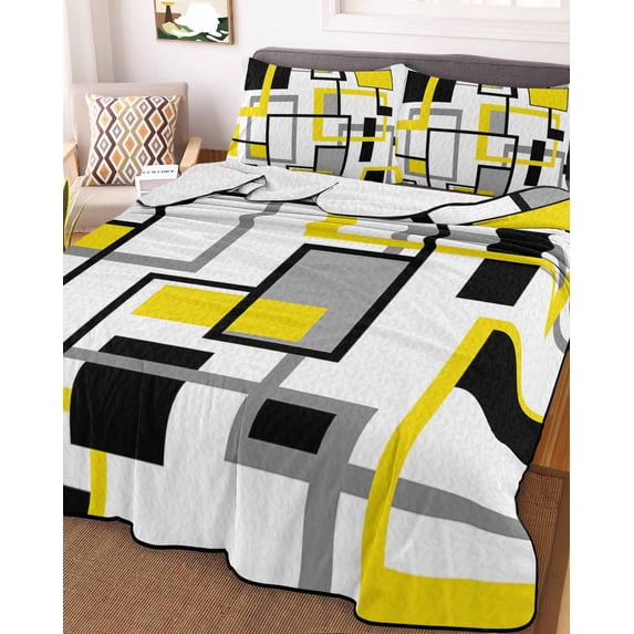 Yellow Black Grey Geometric King Size Down Alternative Comforter,Lightweight Comforter Quilt Bedding Set with Pillow Shams Middle Century Modern Abstract Art Bed Comforter Duvet Insert 96"x106"