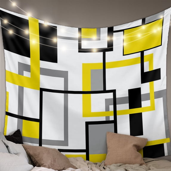 Yellow Black Grey Geometric Large Tapestry for Bedroom Wall Hanging Tapestry,Middle Century Modern Abstract Art Ceiling Backdrop Tapestries Poster Blanket Wall Decor for Living Room 85" x 90"