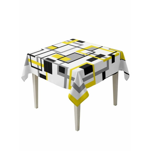 Yellow Black Grey Geometric Table Cloth, Middle Century Modern Abstract Art Waterproof Tablecloth for Square Tables, Reusable Washable Fabric Table Cover for Restaurant Kitchen Dining Tables 54"x54"