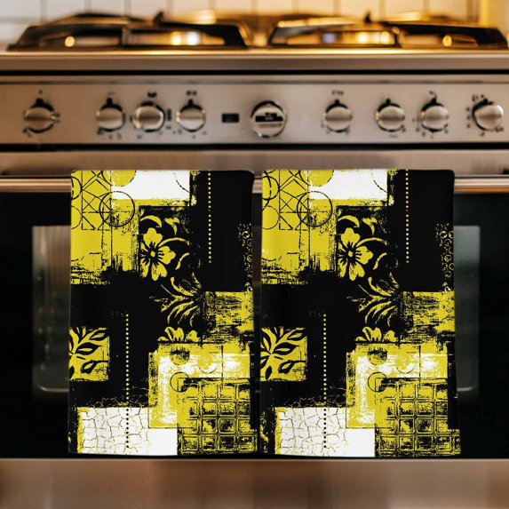 Yellow Black Kitchen Towels Set of 4, Modern Abstract Art Botanical Absorbent Dish Towels for Kitchen, Microfiber Hand Towel, Quick Drying Tea Towel for Cleaning Decorative Dishcloths