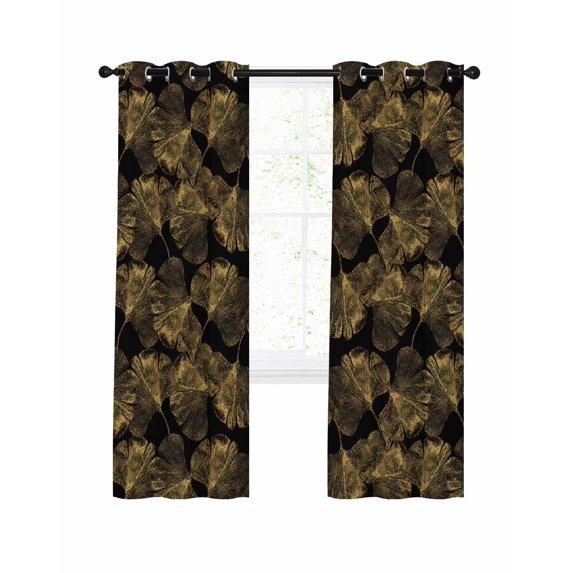Yellow Black Leaves Blackout Curtains, Light Blocking Print Window Curtains, Vintage Abstract Art Botanical Thermal Insulated Window Drapes for Living Room Kitchen Cafe 2 Panels, 84"W x 63"L