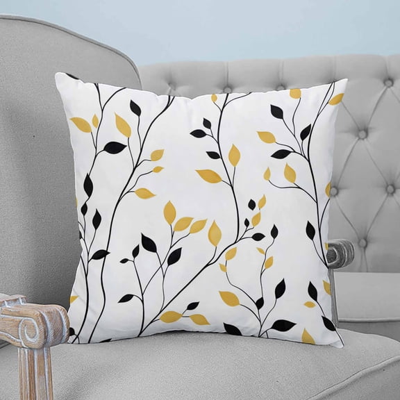 Yellow Black Leaves Decorative Pillowcase 16''x16'', Spring Botanical Branches Throw Pillow Covers Soft Cushion Case for Couch Sofa Bedroom Living Room, Pillowcase Boho Decor