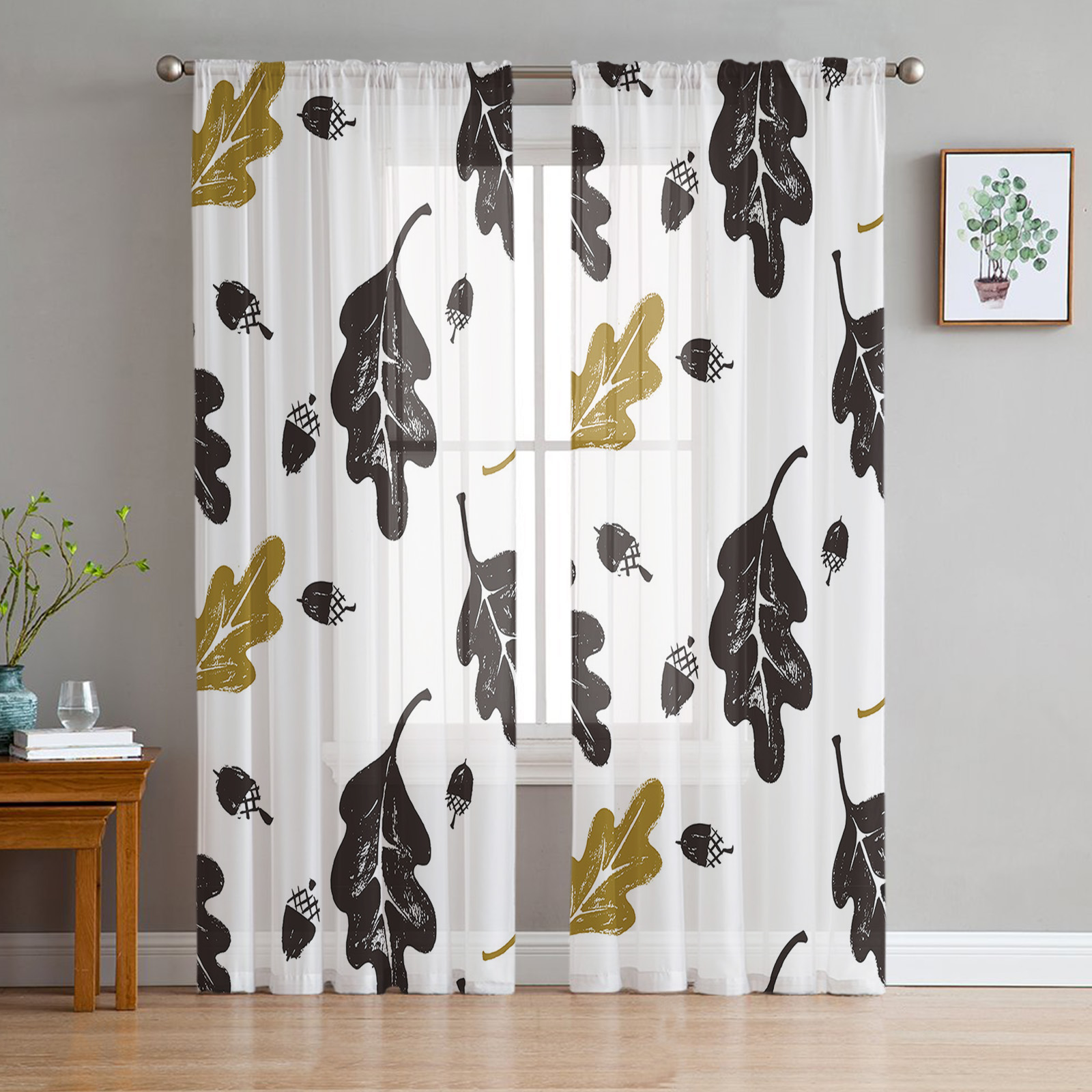 Transparent Rations Yellow Black Leaves Fruit Tulle Curtains for Living Room Bedroom ration ...