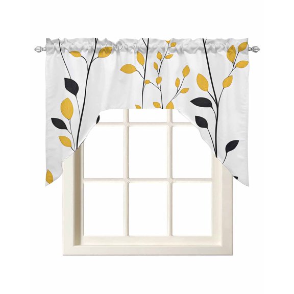 Yellow Black Leaves Kitchen Swag Valances for Windows, Spring Pastoral Branches Botanical Swag Valances Curtains for Living Room, Rod Pocket Window Treatments for Bathroom, Bedroom, Cafe, 56"x36"
