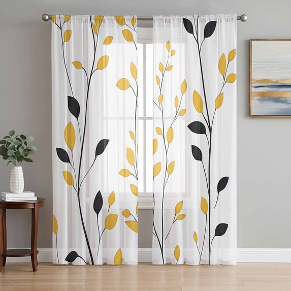 Yellow Black Leaves Sheer Curtains 96 Inch Length 2 Panels Set, Spring Pastoral Branches Botanical Voile Window Treatment Semi Sheer Long Curtains Drapes for Bedroom/Living Room/Kitchen 52"x96"x2