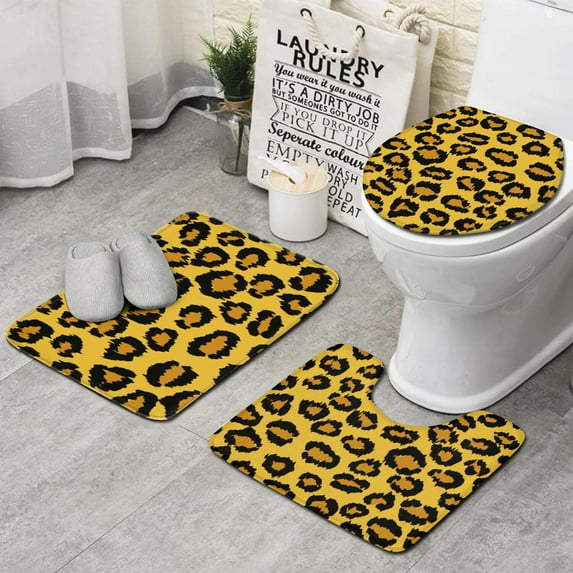 Yellow and Black Of Leopard Print Bathroom Rugs Sets 3 Piece,Toilet Cover Set,Absorbent Non Slip Bathroom Mats Sets with U-Shaped Contour Rug Toilet Rug Set